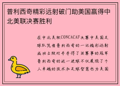 普利西奇精彩远射破门助美国赢得中北美联决赛胜利